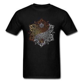 เสื้อยืดคอกลมcrew neckเสื้อยืด พิมพ์ลายดอกไม้ Mandala Fire Ice Yin Yang แฟชั่นสําหรับครอบครัวS-4XL