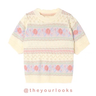 Theyourlooks ♡ พร้อมส่ง Floral trim knitted top เสื้อแขนสั้นลายดอกไม้🧁🪞✨ (TYL286)