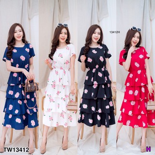 J13412 Dress แม็กซี่เดรสทรงขรมชั้น แขนสั้น ผ้าพิมพ์ลายดอกกุหลาบ