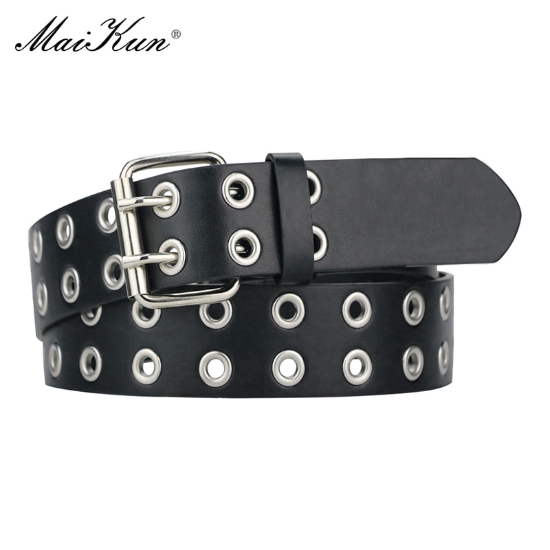 MaiKun Women Punk Belts Brand Leather Women Grunge Belt Double Pin Buckle Female Belt for Jeans