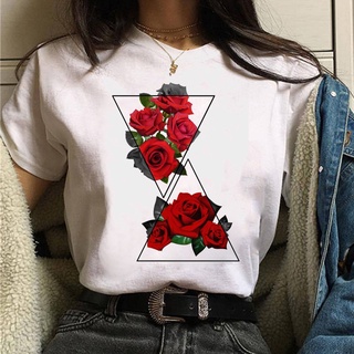 เสื้อยืดแขนสั้นลําลอง พิมพ์ลายการ์ตูนดอกกุหลาบ สีแดง แฟชั่นฤดูร้อน สําหรับผู้หญิง