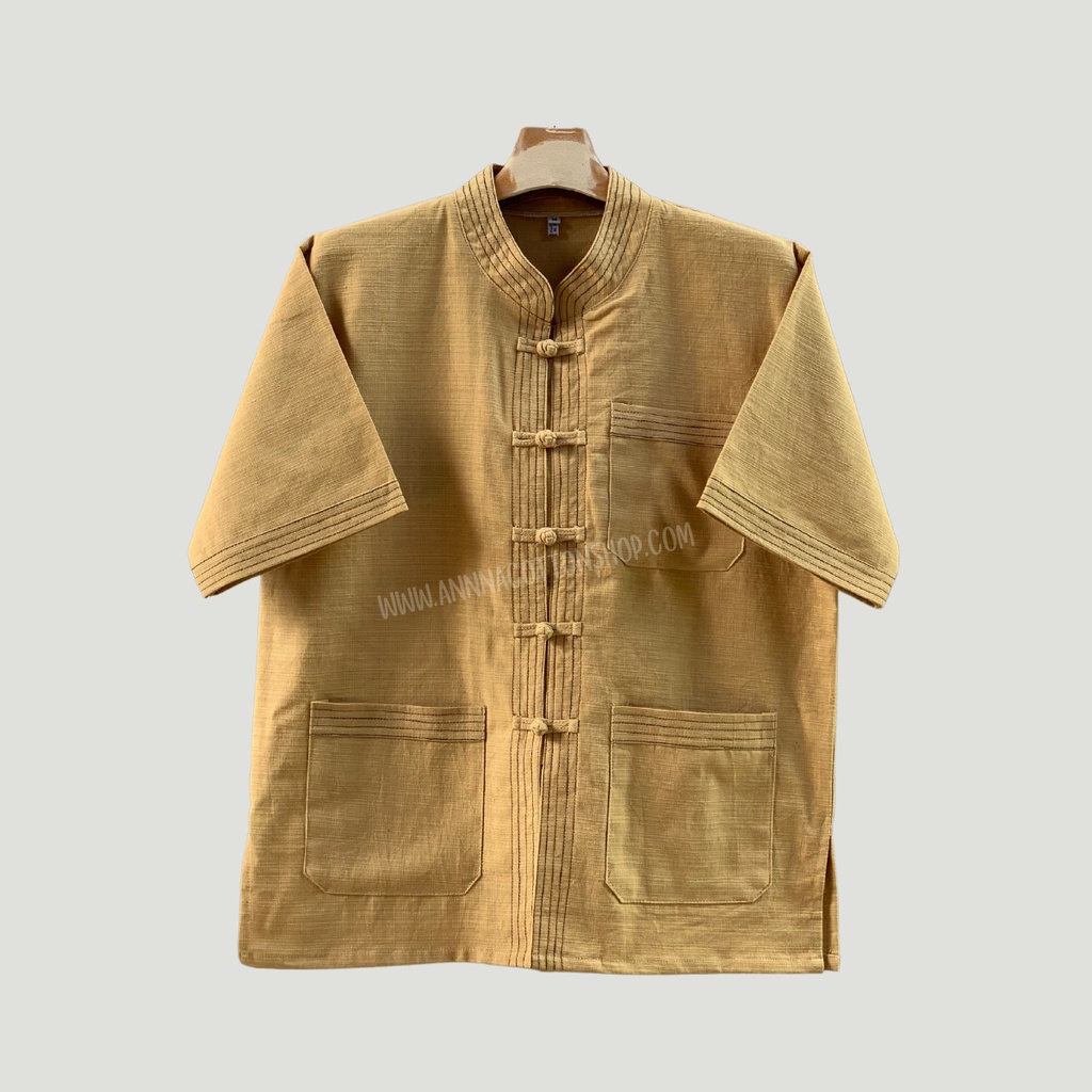 เสื้อคอจีนผ้าฝ้ายชินมัย ไทยองแขนสั้น เดินเส้นแนวล้านนา โบราณ งานประยุกต์สมัยใหม่ โดดเด่นมีเอกลักษณ์ สวมใส่สบาย