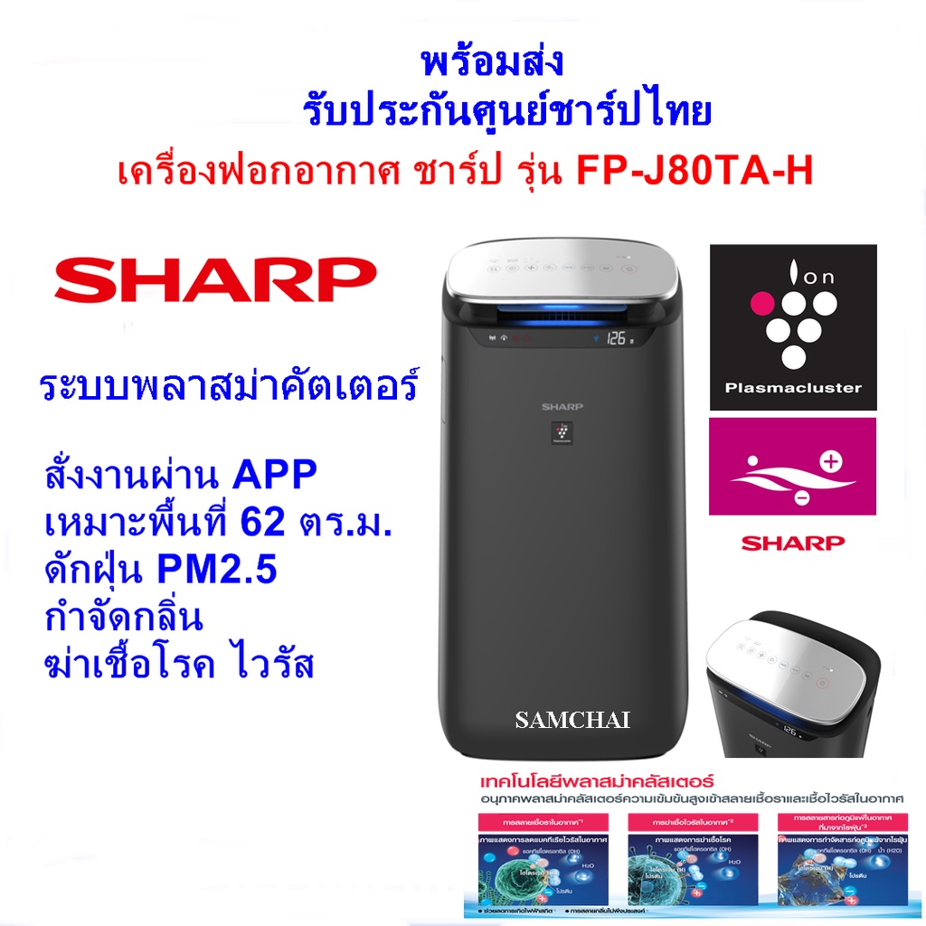 [Easy E-Receipt]SHARP เครื่องฟอกอากาศ รุ่น FP-J80TA-H ขนาด 62 ตร.ม พลาสม่าคัตเตอร์ สั่งงานผ่านAPP ดักฝุ่น PM2.5
