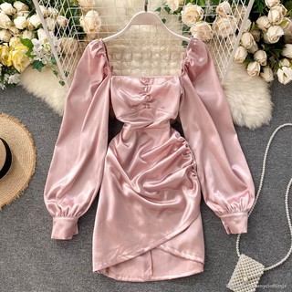 Retro Women Square Collar Dress ใหม่ฤดูใบไม้ผลิฤดูใบไม้ร่วงแขนยาวซาตินเซ็กซี่ Bodycon เดรสสุภาพสตรี Elegant Party Vestidos