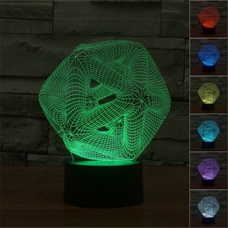 โคมไฟตั้งโต๊ะ LED รูปกรงหลายเหลี่ยม 3D ไล่โทนสี 7 สี ชาร์จ USB