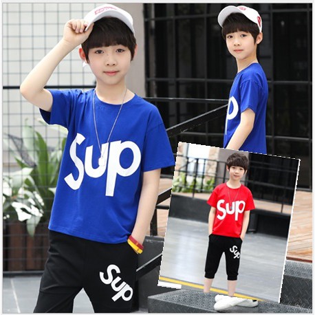 ชุดเด็กผู้ชาย สไตล์เกาหลี พิมพ์ลาย Supreme เสื้อพร้อมกางเกง (สินค้าพร้อมส่งในไทย)