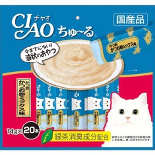 ขนมแมวเลีย CIAO Cat Snack Churu Tuna Dried Bonito Mix14 g. (20 pcs./Pack)