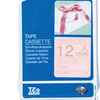 Brother Label Tape TZE-RE34 พื้นเทปสีชมพู ตัวอักษรสีทอง เทป พิมพ์อักษรชนิดริบบิ้น ทนต่อการซีดจาง สำหรับติดวัสดุต่างๆ