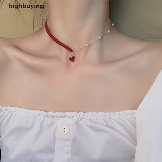 [highbuying] สร้อยคอ โช้คเกอร์ จี้ไข่มุก รูปหัวใจ สีแดง อสมมาตร เครื่องประดับแฟชั่นสตรี พร้อมส่ง