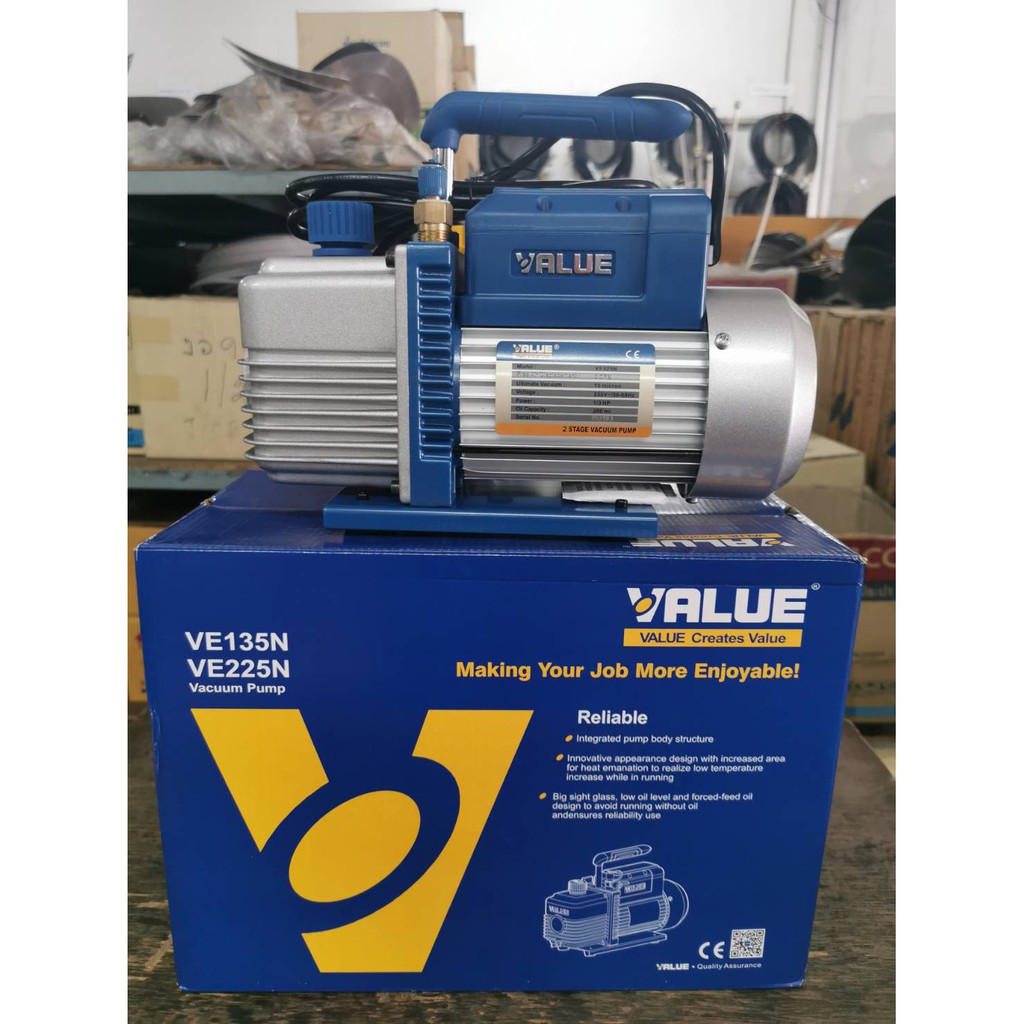 แวคคั่มแอร์ เครื่องแว็คคั่ม ยี่ห้อ VALUE รุ่น VE225N โรตารี่ 2 ชั้น 84 ลิตร/นาที (ปั๊มสูญญากาศแอร์) 