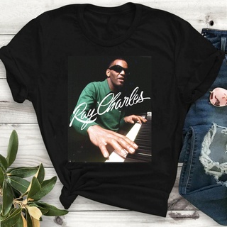 เสื้อยืดผ้าฝ้าย เสื้อยืดคอกลมcrew neckเสื้อยืด พิมพ์ลาย Ray Charles playing Piano Signature Top Unsiex สร้างสรรค์ สําหรั