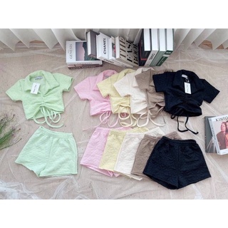 set 2 ชิ้น เสื้อแขนครอปรูดได้ กางเกงขาสั้น สีพลาสเทล