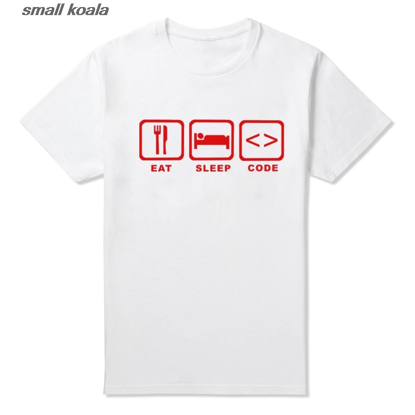 ผู้ชายเสื้อยืดเสื้อยืดสีขาวพิมพ์ลาย Eat Sleep Code Programming Java Html