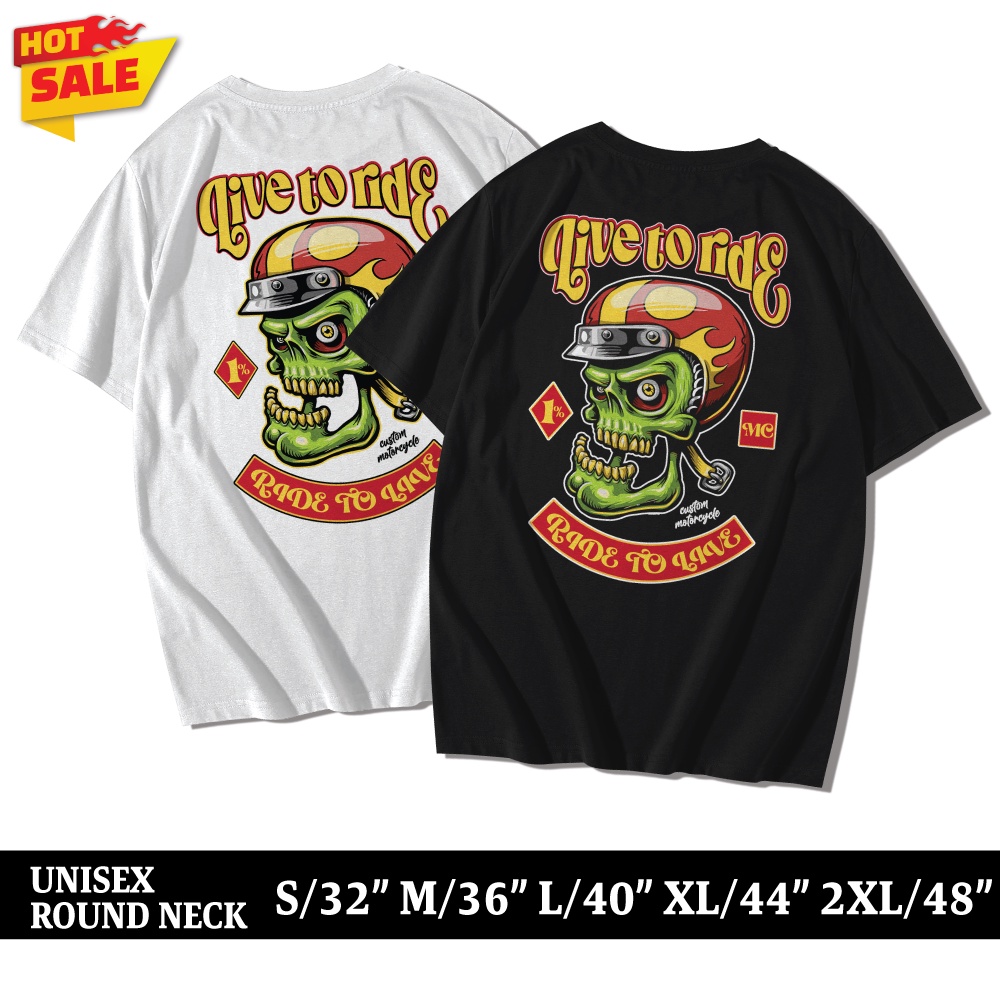 LOWRIDER เสื้อยืดคอตต้อนแท้ ไม่หด ไม่ย้วย ลายสกรีน Skull biker live to ride (แขนสั้น