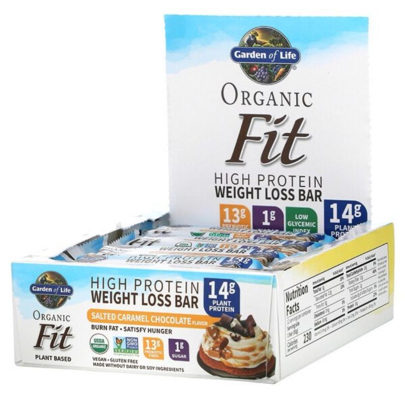 Garden of Life, Organic Fit High Protein Weight Loss Bar, Salted Caramel Chocolate, 12 Bars, 1.9 oz 