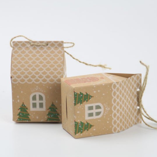 PK [พร้อมส่ง] กล่องของขวัญ ใส่ขนม ของชำร่วย ทรงบ้านลายน่ารัก ขนาด 7*5*10.5 cm