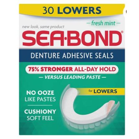 กาวติดฟันปลอม ชนิดแผ่น 30แผ่น Sea Bond Secure Denture Adhesive Seals, For an All Day Strong Hold, 30 Fresh Mint Flavor