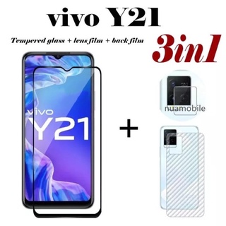 3in1 Vivo Y21 / Y33S 2021 ฟิล์มเลนส์กล้อง + ฟิล์มกระจกเต็มจอ+ ฟิล์มหลัง ฟิล์มกันกระแทกขอบดำ