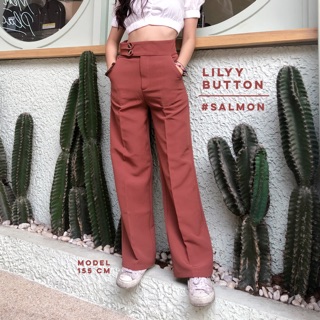 [พร้อมส่ง] Lilyy Button in Salmon กางเกงขายาว เอวสูง ขากระบอกตรง คาดแถบกระดุม