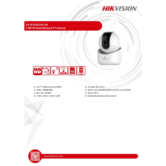 Hikvision กล้องวงจรปิด IP Camera รุ่น DS-2CV2Q21FD-IW 2MP WIFI Lens 2.8mm W 2ตัว