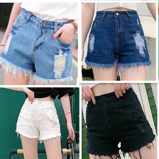 🌿SHOP MKLขาสั้นยีนส์เอวสูงผ้าไม่ยืด  แต่งขาดปลายไม่สั้นมาก #2012
