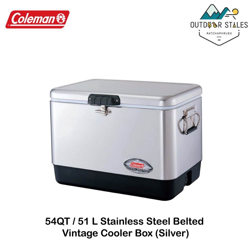 Coleman 54QT / 51 L Stainless Steel Belted Vintage Cooler Box (Silver)