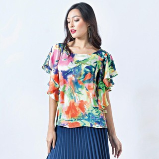 GSP Business Blouse Print เสื้อจีเอสพี เสื้อไม่มีปก แขนสั้น ผ้าโพลีเอสเตอร์ สีส้ม (SS22DO)