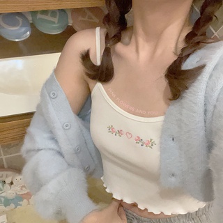 เสื้อสายเดี่ยว ตัวสั้น ปักลายลูกไม้ ดอกไม้น่ารัก ขนาดเล็ก สไตล์ญี่ปุ่น สําหรับผู้หญิง