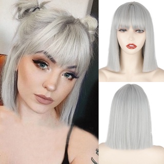ใหม่ วิกผมสังเคราะห์ วิกผมสั้น หน้าม้าตรง สําหรับผู้หญิง สีชมพูอ่อน สีดํา คอสเพลย์ วิกผมใช้ทุกวัน