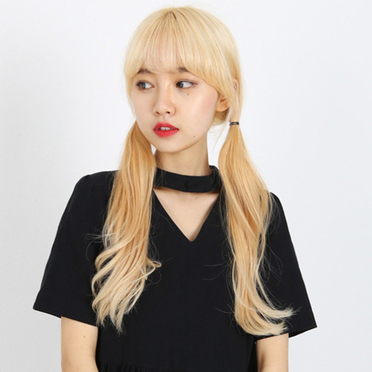 Korean Fashion Wigs Girls Light Gold Long Hair Air Thin Bangs Long