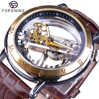 Forsining Double Side Transparent Brown Leather Waterproof Automatic Mens Watches Top Brand Luxury Skeleton Creative Wri