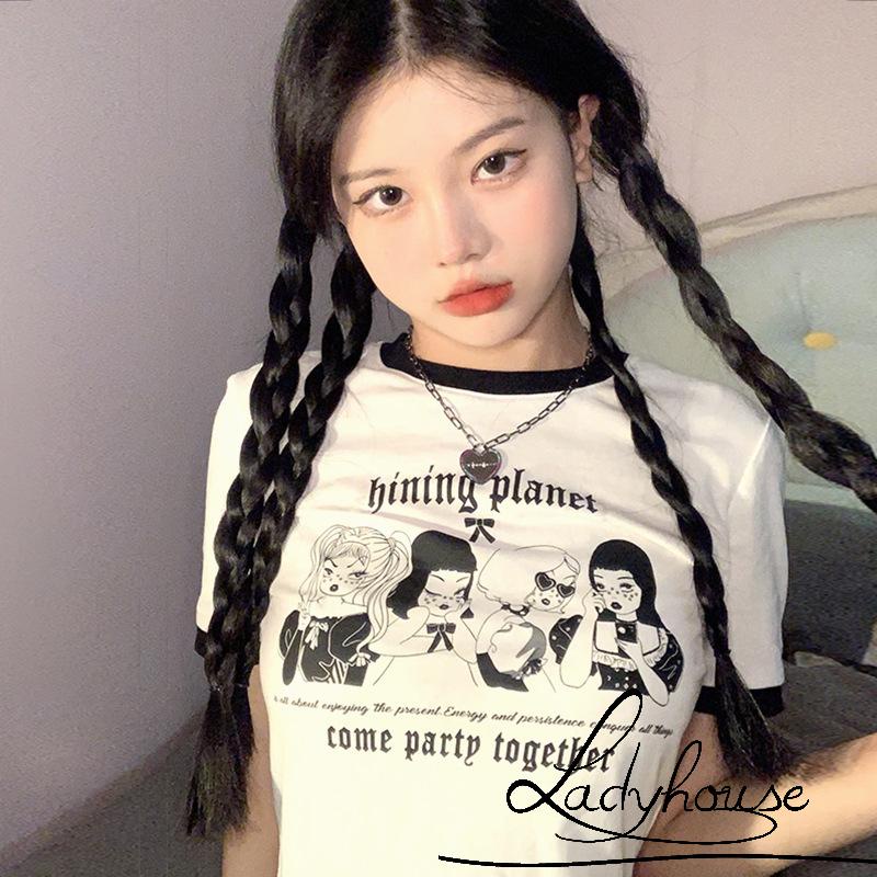 Ld- เสื้อยืดคอกลม แขนสั้น พิมพ์ลายการ์ตูน ลําลอง สําหรับผู้หญิง เหมาะกับฤดูร้อน