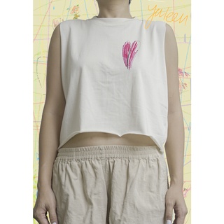 เสื้อยืด Croptop เสื้อครอปแขนกุด ผ้าฝ้าย Cotton 100% สีผ้าดิบไม่ย้อมสี ลาย Pink Heart หัวใจขมพู minimal จากจินตนาการเด็ก