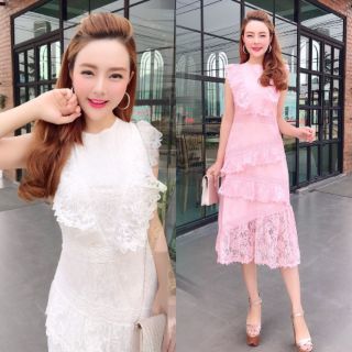 เดรสลูกไม้ขาว!!! M-L Maxi Dress เดรสลูกไม้สีชมพูแขนกุดแต่งระบาย งานป้าย Love Love