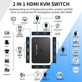 Acasis สวิตช์ USB HDMI KVM 2 In 1 Out 4K60Hz HDMI Switcher และ Extended 4 พอร์ต USB3.0 Hub กล่องแชร์แมนนวล พร้อมสาย USB HDMI 2.0 สําหรับคอมพิวเตอร์ PC แล็ปท็อป มอนิเตอร์