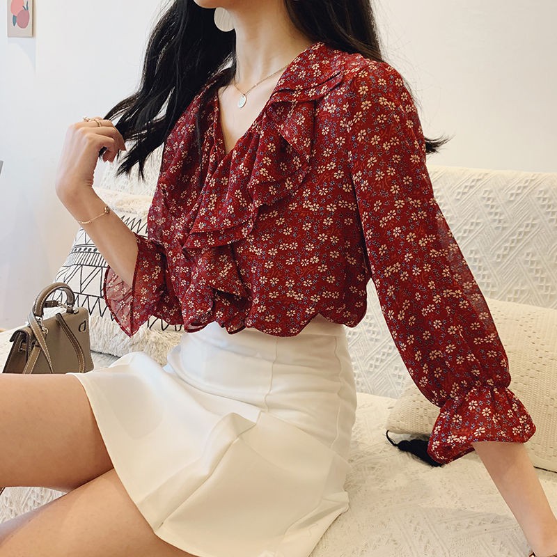 ZHUTONG เสื้อลายดอกแฟชั่นเกาหลีเสื้อชีฟองแขนยาวผู้หญิง