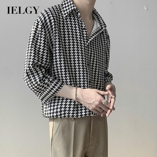 Ielgy เสื้อเชิ้ตแขนสามส่วน ลายทาง ทรงหลวม สไตล์ฮ่องกง สําหรับผู้ชาย