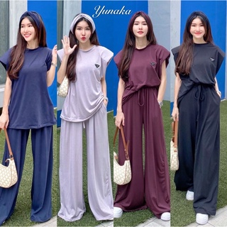 Yunaka ชุดเซ็ต 2 ชิ้น เสื้อแขนทรงปีก อก 50 กางเกงขายาว เอว 40 สาวมินิ สาวอวบ ใส่ได้