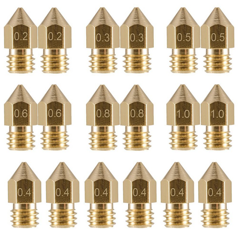 18 Pcs 3D Printer Nozzles M6 Extruder Brass Nozzle Print Head (2x0.2mm+2x0.3mm+6x0.4mm+2x0