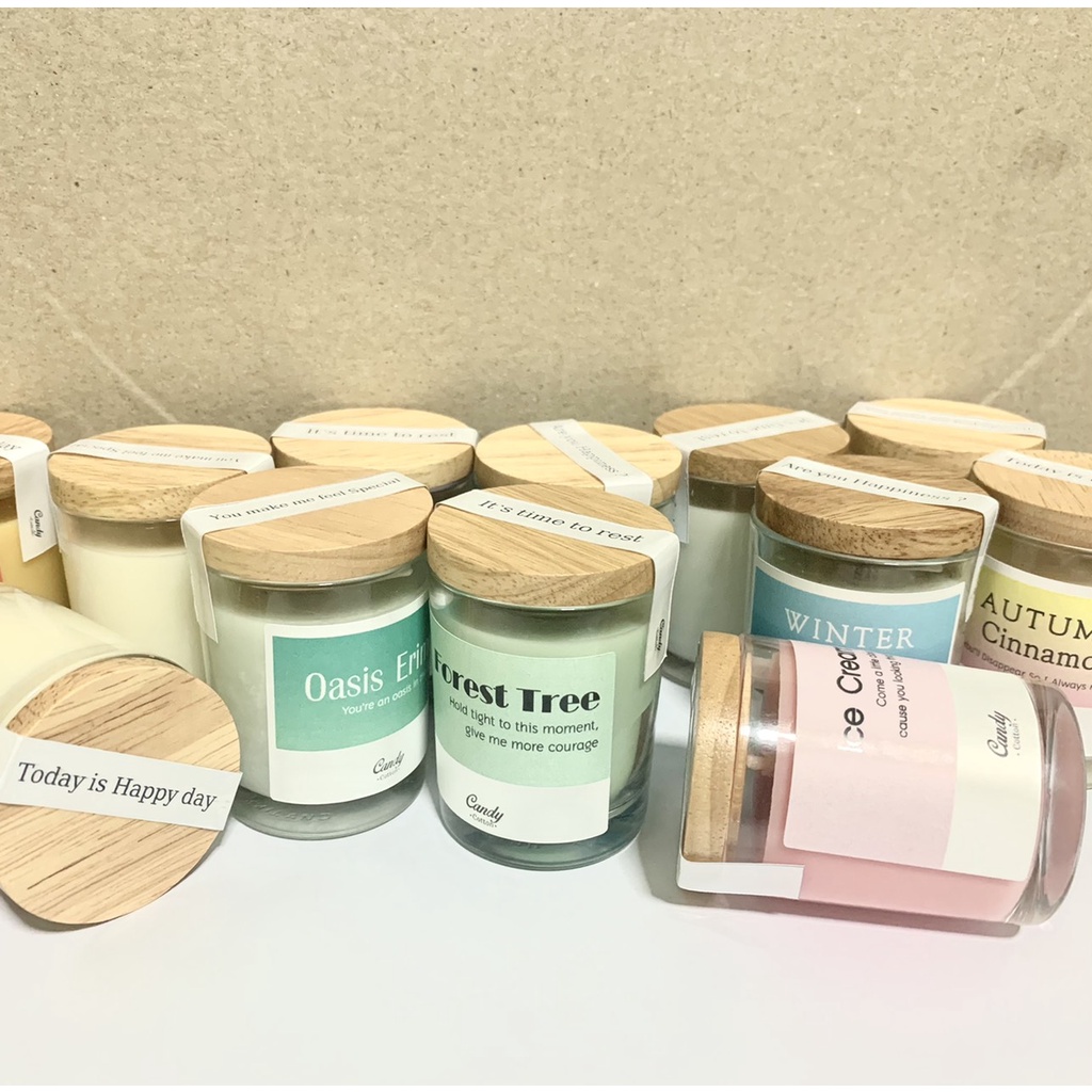 (❤️TZ7Z5G ลดทันที 40.-)เทียนหอม ไขถั่วเหลือง ขนาดแก้วพร้อมฝาไม้ (ขนาด 60 ml.) - Soywax Candle with wooden lid หอมนานกว่