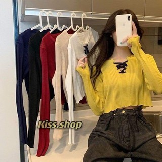 Kiss.shop🌟พร้อมส่ง🌟เสื้อครอบไหมพรมสวยๆแขนยาว แต่งเชือกร้อยหน้าสวยๆ(A329)แขนยาว