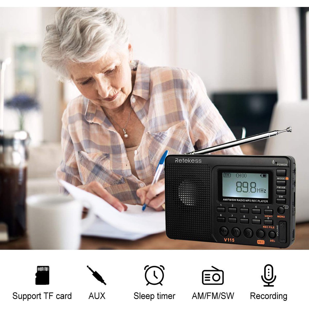 Black Retekess V115 Portable AM FM Radio with Shortwave Radio MP3 Player Digital Record Support Micro SD TF Card Sleep Timer and Rechargeable Battery 