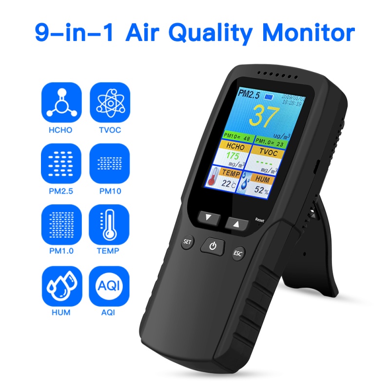 9 in 1 เครื่องตรวจจับคุณภาพอากาศในร่ม กลางแจ้ง PM2.5 PM1.0 PM10 HCHO TVOC เครื่องวัดอุณหภูมิ