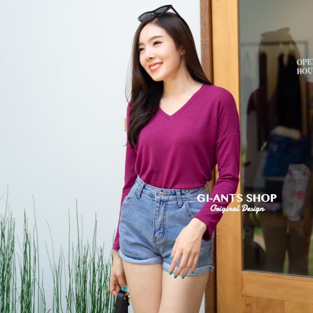GI-ANTS​🌈B23🍒เสื้อคอวีแขนยาวผ้าวอช