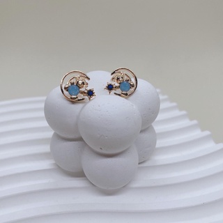 ต่างหู Teddy bear Zircon &amp; gem stone in blue  Brass 18k nickel free  ไม่ลอกไม่ดำ