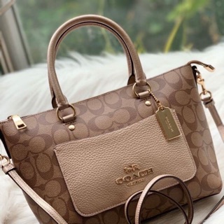 emma mini สีทอง 10” COACH  MINI EMMA SATCHEL IN SIGNATURE CANVAS   - ขนาด:11 3/4" (L) x 7 1/2" (H) x 4 3/4" (W)