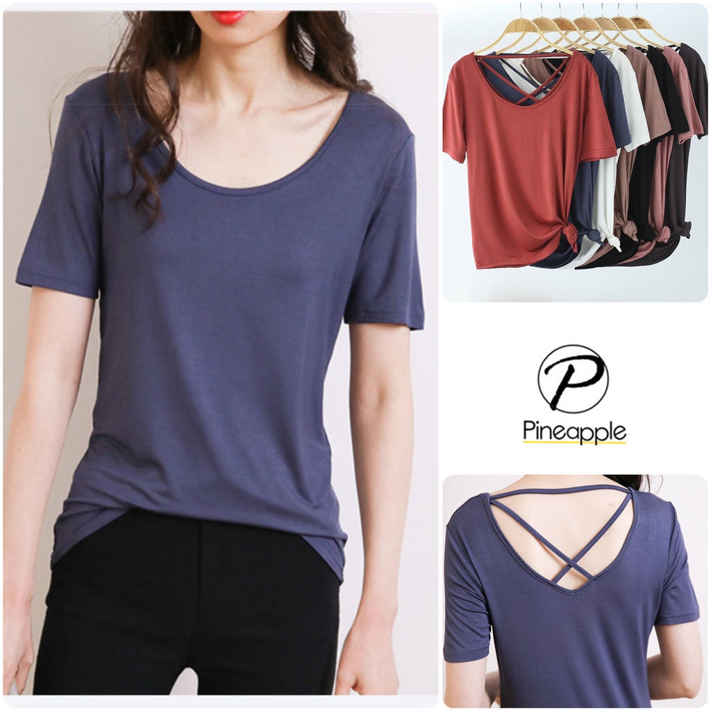 เสื้อยืดหญิง เสื้อยืดเปิดหลัง แขนสั้น สีพื้น Modal Open-back T-shirt 1920