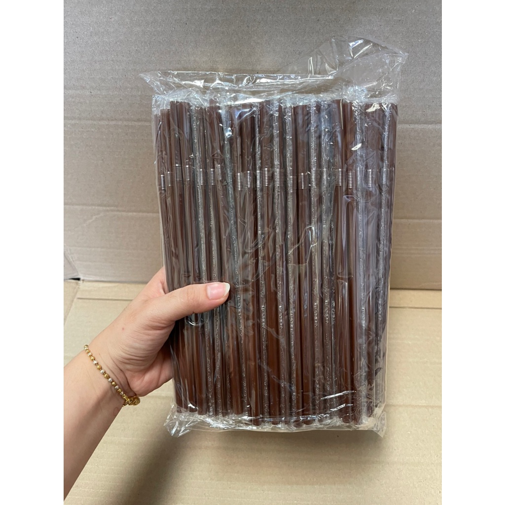 หลอดดูดน้ำ หลอดงอสีน้ำตาล หุ้มฟิล์มอนามัย Food grade ขนาด(8มิล)*ไม่แตกง่าย เเพ็ค100เส้น