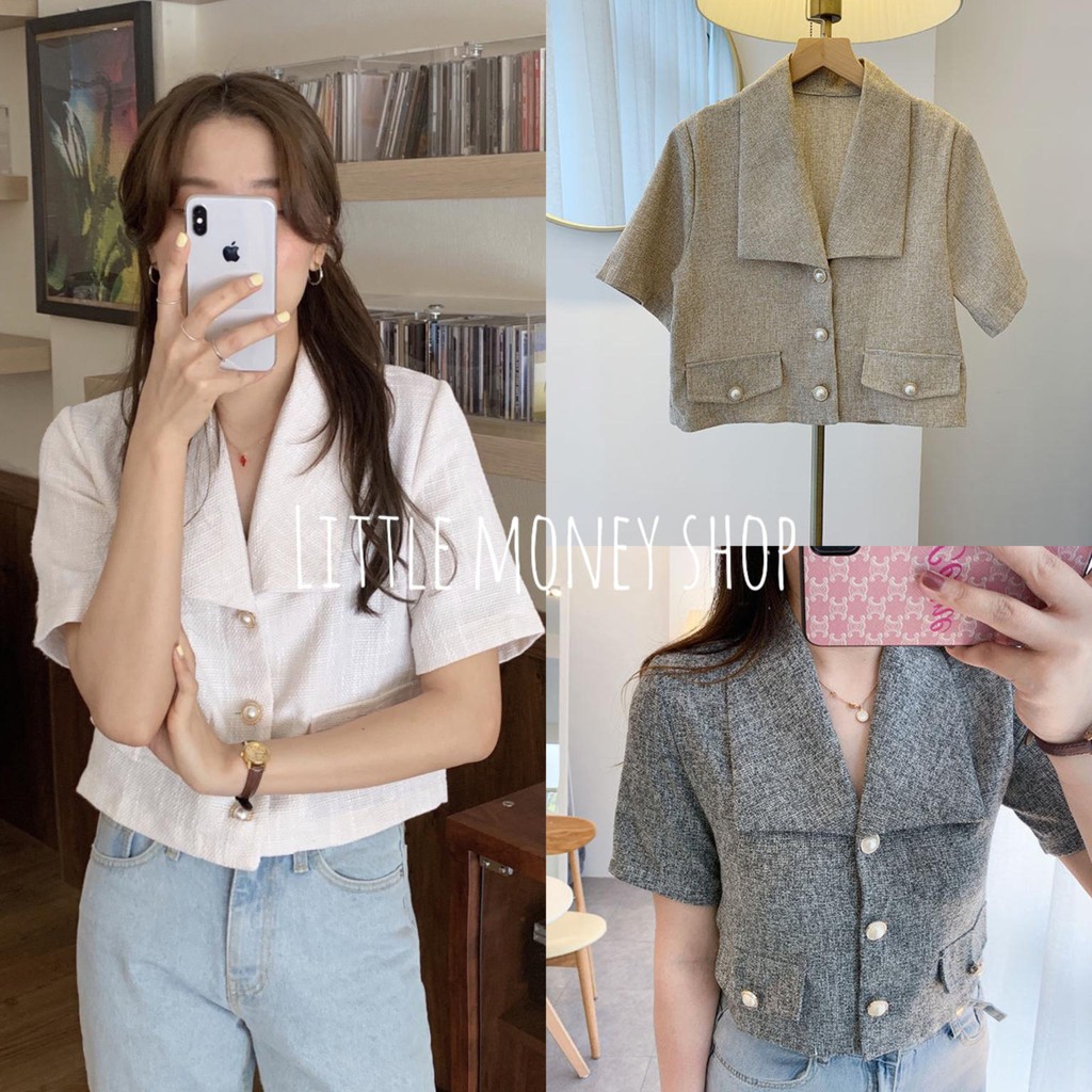 Little money shop 5515 New Collection เสื้อแขนสั้น คอปก สีพื้น เนื้อผ้าทวิต แต่งกระดุมมุกผ่าหน้าใช้ง