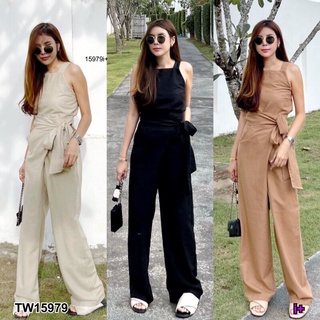TW15979 set 2 ชิ้น เสื้อสายเดี่ยวสายหนา + กางเกงขายาวผูกเอว